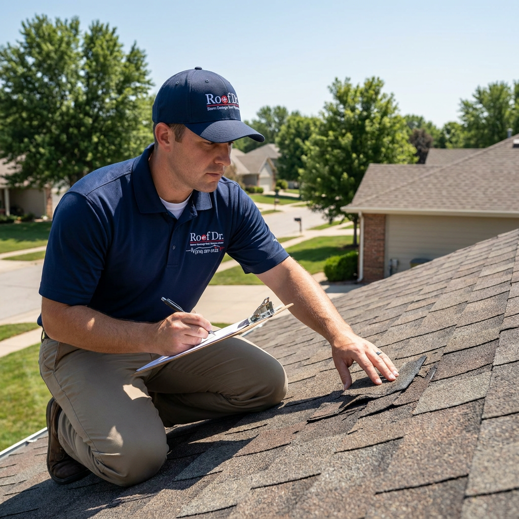 Roof Dr inspector documenting storm damage on Wichita home